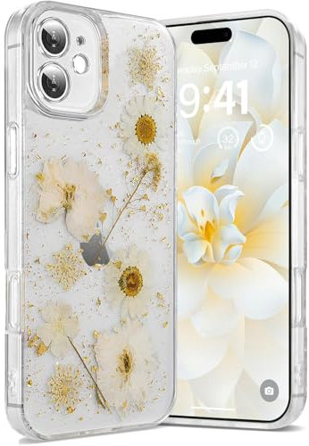Riccase for iPhone 12 Case Clear with Real Dried Flower Patterns, Shockproof Transparent Soft TPU Protective Bumper Slim Glitter Cute Floral for iPhone 12/iPhone 12 Pro Phone Case, Daisy