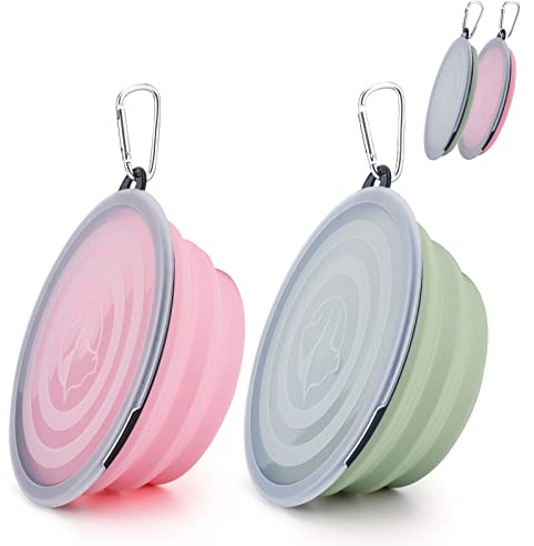 2 ciotole pieghevoli da viaggio per animali domestici, con coperchio e gancio, portatile, in silicone, per gatti, cani, viaggi, escursioni e campeggio (blu e rosa, grande)