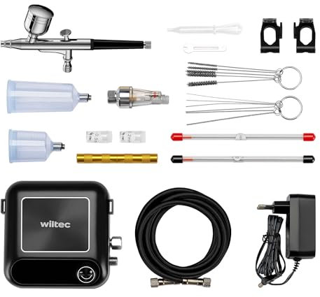 Wiltec HS-A9K Airbrush Compressor Kit, HS-31 Airbrush Gun with 3 Nozzle Sizes, Includes Airbrush Accessory Set, Quiet and Compact Airbrush Compressor, 12 l/min Airflow and with 1.5 Bar Pressure
