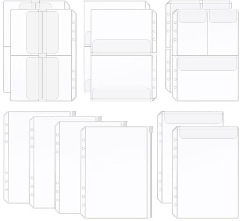 DOPENSPI 12 Stück Prospekthüllen A5 Größe, 6 Löcher Binder Wasserdicht Transparent Prospekthüllen, lose Blatttaschen, Umschläge für die Budgetplanung, Einstecktaschen, Fotodokumente, Stempel