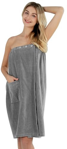 Winthome Toalla de Sauna Mujer 100% Algodón, Toalla de Baño Grande Suave y Cómoda, Absorbente, Ajustable con Botones, Albornoz Ducha Mujer para Sauna, Ducha, Playa, Piscina (Gris, 80x145cm)