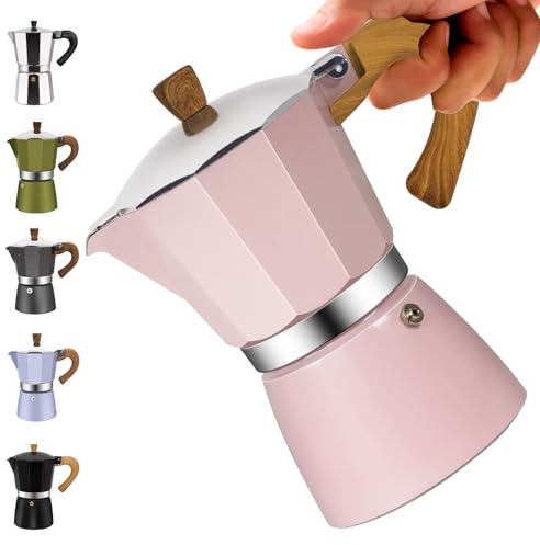 Vaolvpant Moka da 3 tazze in alluminio per piano cottura classico, caffettiera da 150 ml, caffettiera da 5 once, caffettiera per caffè greca, caffettiera per caffè italiano e cubano, rosa