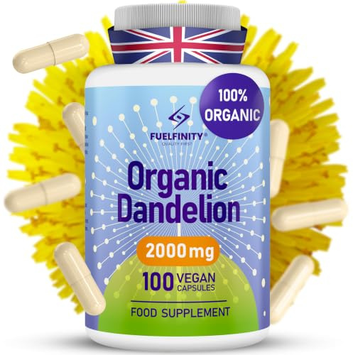 Organic Dandelion Root Capsules - 2000mg - 100 Capsules - Water Retention - High Strength for Bloating & Fluid Balance with High Absorption- Supports Liver Detox - FuelFinity® - Made in UK, Vegan