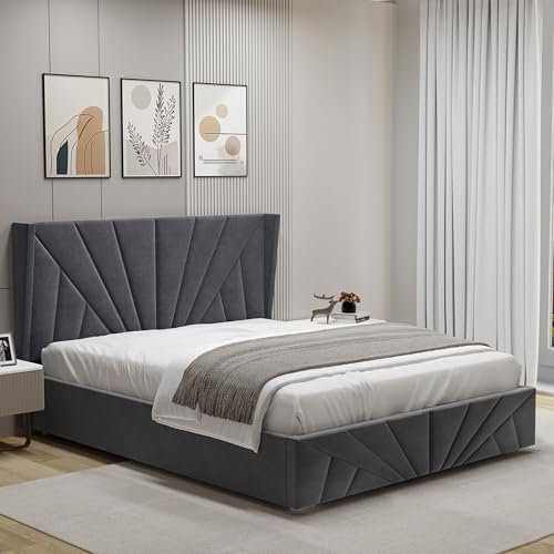 Blisswood Double Ottoman Bed Frame – Upholstered 4ft6 Large Storage Space bed with Headboard, Gas Lift-Up, Wooden Slats Base, Velvet Finish for Bedroom or Guest Room (135x190cm Dark Grey_No Mattress)