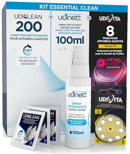8 Piles puor Appareils Auditifs Taille 10 PR70 Jaune + 200 Lingettes Nettoyantes Udiclean Format de Poche + Spray Lavantes avec Brosse Udinett 100ml - Kit Essential Clean
