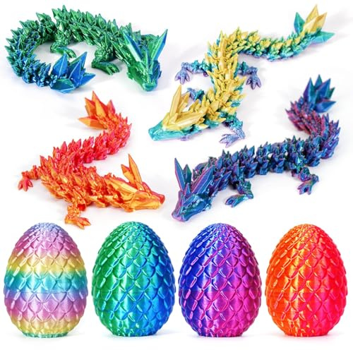 4er Set 3D Drache mit Ei beweglich kristalloptik Fantasy Spielzeug für Teenager und Erwachsene 3D-gedruckter Kristalldrache im Drachenei Deko oder Zappelspielzeug Drachenei Überraschungsspielzeug Set