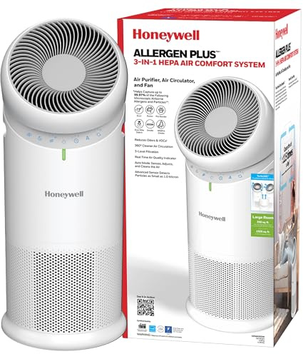 Honeywell Allergen Plus - Purificador de aire HEPA 3 en 1, ventilador y flujo de aire ajustable con circulación de 30°, 90° o 360° para habitaciones grandes de hasta 1928 pies cuadrados, sensor de