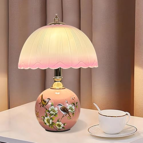 Mengjay Tischlampe mit Glasschirm,Lampe Keramikbasis,E27 Nachttischlampe Stoffschirm Schreibtischlampe,Moderne Tischlampe Tischleuchte Schlafzimmerlampe(keine Glühbirne)