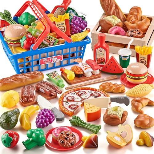 Spiellebensmittel-Set für die Kinderküche, Internationale Küche mit Schneidespielzeug-Lebensmitteln wie Pizza, Sushi und Gebäck, inklusive 2 Körben, Jungen und Mädchen.