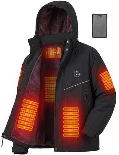 Brimekey Veste Chauffante Homme avec Doublure Polaire et Brassard, Batterie 20000mAh 7.4V, 6 Zones de Chauffage & 3 Niveaux de Température, Veste D'hiver Imperméable Coupe-vent pour Ski et Chasse