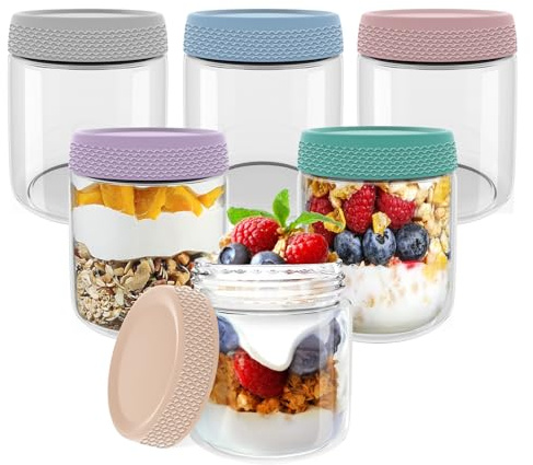 Homened 6Pack 16 oz Overnight Oats Jar, Glass jars with Airtight Lids, Wide mouth Mason Salad jars, Glass Food Storage Containers for Snacks Yogurt Spice Sugar Cereals Milk Fruit (480ML)