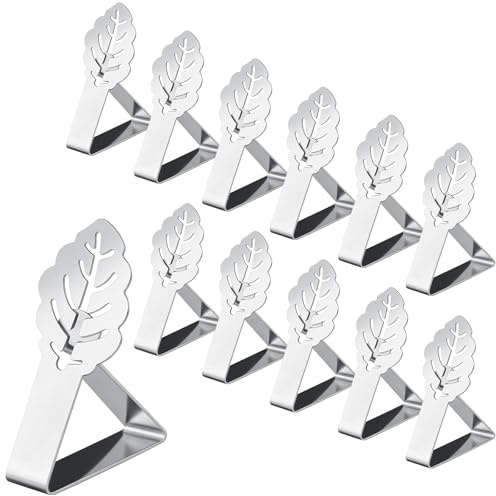 VINATO 12 Pièces Pince Nappe Table en Acier Inoxydable, 4cm Pinces à Nappe Clips avec Design Feuille, Pinces de Table pour l'Intérieur et l'Extérieur, Jardin, Barbecue, Fête（Feuille Fleur）