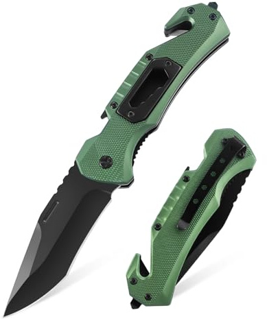 VIRENKNIFE Taschenmesser Klappmesser(Zweihandmesser),Outdoor Messer mit Aluminiumgriff,Taschenclip & Liner-Lock, 5-in-1 Edc Messer mit Glasbrecher, Jagdmesser für Männer Geschenk (Grün)