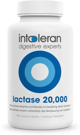 Intoleran Lactase 20.000 Verdauungsenzyme – 150 Tabletten mit Bruchkerbe | Nahrungsergänzungsmittel bei Laktoseintoleranz, Laktaseenzym hilft bei Verdauung von Milchprodukten, höchste Dosierung