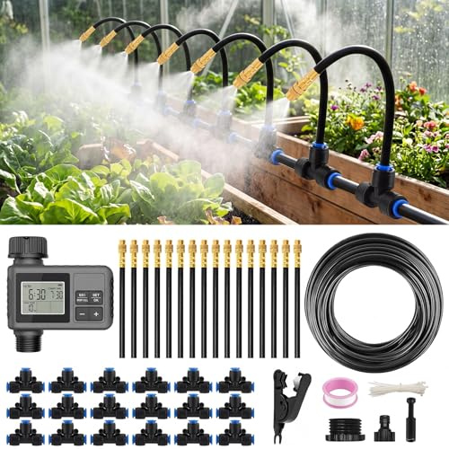 Sistema de Riego Automático, Set Riego por Goteo con Sensor de Lluvia | Kit Riego Automático con Temporizador, Manguera de 18 m, 18 Boquillas de Pulverización 360°, para Jardín, Lechos de Vegetales