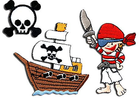 Catch the Patch Set Pirat Schiff 3 Stück - (Größe: verschiedene Größen) – Aufbügler & Applikationen in verschiedenen Größen – Ideal für Kleidung, Schulranzen, Jeans & Rucksäcke