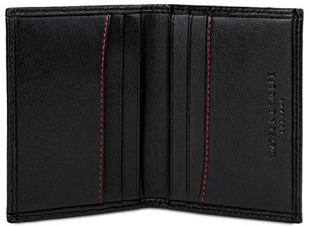 WATSON & WOLFE Non-Leather Slim Bi-Fold Card Holder in Black with Red - Vegan RFID Compact 6 Card Wallet - Ethically Made