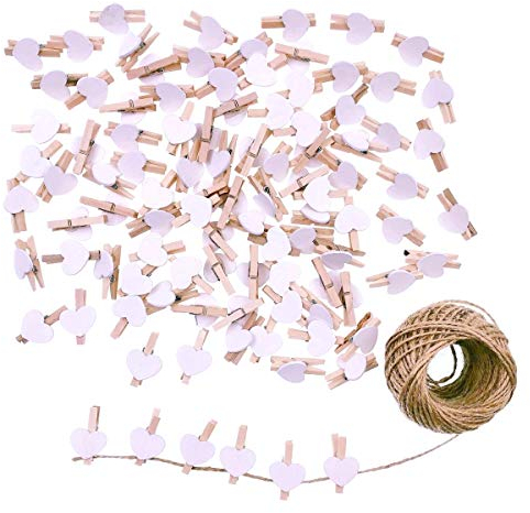 JZK 100 x Coeur Blanc Mini Pince à Linge en Bois 3 cm + Ficelle de Jute 30m pour Décoration de Carte de Titulaire de Photo de Fête de Mariage et Bricolage Décoration