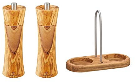 Zassenhaus Salzmühle und Pfeffermühle mit Mühlenuntersetzer mit Griff Olivenholz 022230 + 022223 + 036060