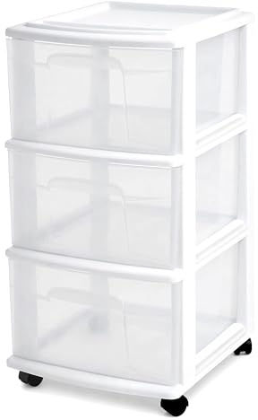 HOMZ Drawer Tower, 3-Tier Storage Cart with Removable Wheels, White Frame