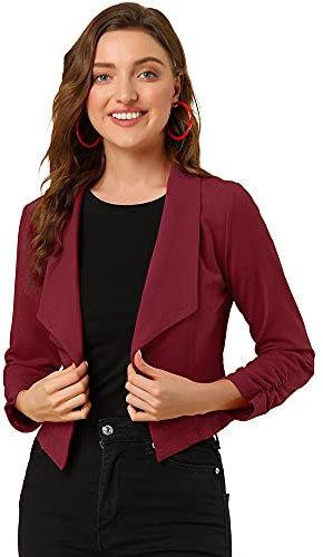 Allegra K Women's Work Office Cropped Jacket Notched Lapel Long Sleeve Open Front Short Blazer Burgundy M-12