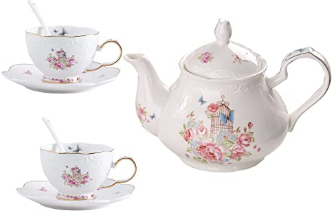YBK Tech Strength Porzellan-Kaffeekanne, Keramik-Teekanne, rosa Rose (Teekanne + 2 Sets Tassen und Untertasse)