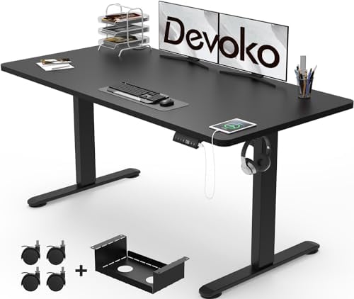 Devoko Electric Standing Desk 140x70cm with USB Charging Height Adjustable with Desktop Sit Stand Up Heavy Duty Steel 3 Memory Smart Pannel(Black)