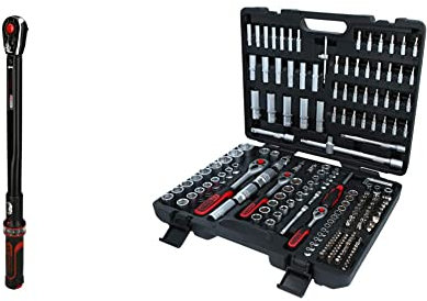KS TOOLS - Clé Dynamométrique Gamme Ergotorque Précision - Clef Dynamometrique 1/2'' à Cliquet Réversible - 40-200 Nm & Caisse à Outils Complète en Coffret Douille de 1/4, 3/8 et 1/2 - 195 Pièces