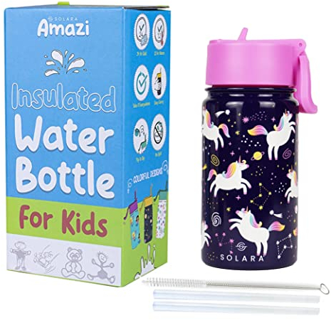 SOLARA Metal Water Bottle for Kids, 14oz Double Wall Vacuum Insulated Stainless Steel Kids Water Bottles with Straw, Sipper Bottle for Kids, Keeps Cool for 24hrs and Warm for 12hrs -Unicorn