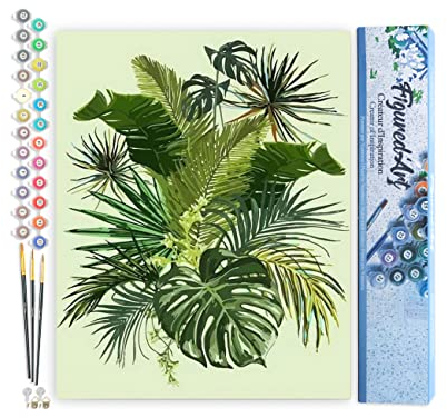 Figured'Art Malen Nach Zahlen Erwachsene Grüne Blätter - Paint by Numbers Basteln DIY Bastelset 40x50cm ohne Holzrahmen