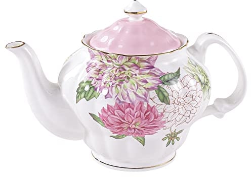 PULCHRITUDIE Bone China Teapot, English Teaset, Dahlia Floral Design with Golden Rim, 37 Oz