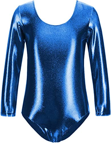 FUREINSTORE Ballet Gymnastics Classical Shiny Elastic Dance Leotard Girls Long Sleeve Round Neck Ballerina Leotard (Blau, 12 Jahre)