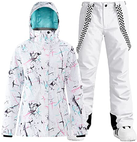 GSOU SNOW Ski Sets für Frauen Ski Jacken und Hosen Schneeanzug Snowboard Mantel outfits Warme Kapuze Wasserdicht Winddicht Isoliert, Weiss/opulenter Garten, Small
