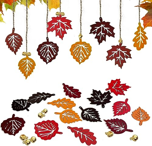 BARVERE 16 Stück Anhänger Blatt, Holz Herbst Dekoration mit 20 x Hanfseil und 20 x Glocke, Wooden Leaf Pendants, Autumn Pendants, Leaf Pendants, Wooden Maple Leaf Pendant(Herbstblätter)