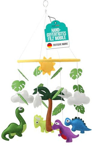 wortek Mobile Baby Mobile Babybett Mobile Wickeltisch - mit Dinos aus Filz - Baby Mobile für Bett Baby Windspiel zum Aufhängen - Babymobile Bettglocke Babyzimmer Deko Junge und Mädchen