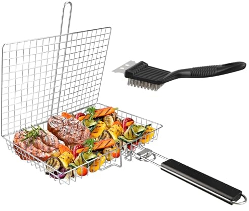 Grill Basket, with Grill Cleaning Brush, for Chicken(1pcs Large Grill Basket + 1pcs Brush)