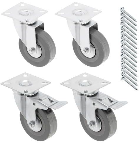 GTV - Möbelrollen GREYROLL, Lenkrollen, 4 Stück set Rollen für Möbel, 2x Rollen mit Bremse, 2x ohne Bremse, aus Stahl und Gummi, +16 PanHead-Schrauben 5x15/16, Durchmesser: 75 mm, Farbe: Grau