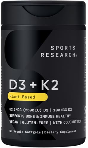 Sports Research® Vitamin D3 + K2 w/Coconut Oil - Vegan Vitamin D 2500iu (62.5mcg) & Mk7 Vitamin K 100mcg for Bone & Immune Support - Vegan Certified · Non-GMO · Soy Free - 60 Softgels