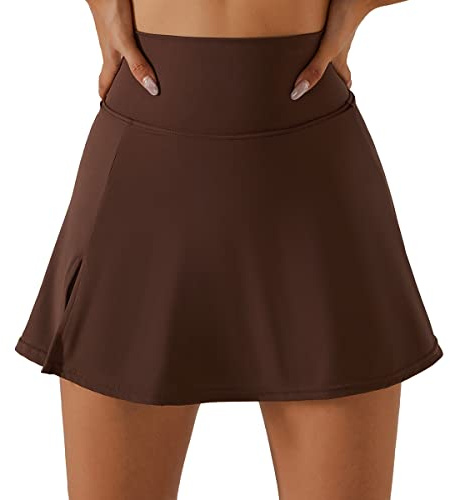 Odizli Tennisrock Damen mit Hose Kurz Hosenrock Sommer Basics Skort Drunter Minirock Tennis Rock mit Schlitz Golf Fitness Workout Running Hockey Sommerrock Festival Rave Techno Outfit Braun-Rock XL