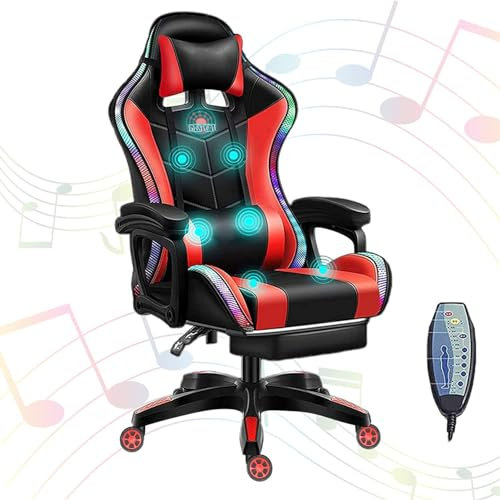 Silla gaming con altavoces y luces LED RGB, silla de oficina de video musical con apoyo lumbar de respaldo de reposapiés, silla de escritorio ergonómica para computadora para Aldults,Rojo