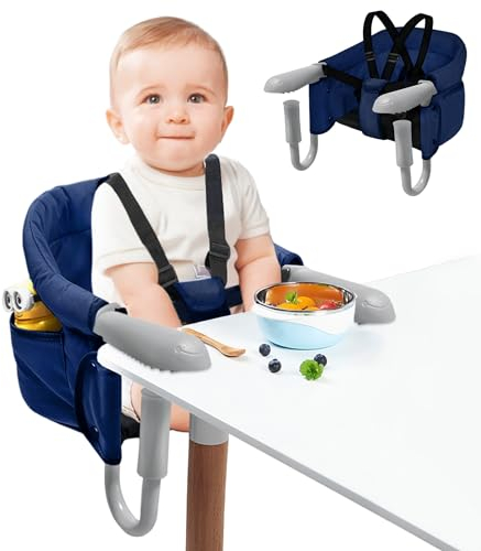 SUBTLETY Tischsitz Faltbar Babystuhl Babysitz mit Transporttasche Rutschfest Klemmen und Sitztasche Tragbarer Baby Hochstuhl für 2-8 cm Dicke Tisch Boostersitz Kinderstuhl Belastbarkeit 15 kg, Blau