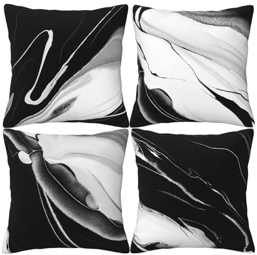 HOSTECCO Marmor Kissenbezüge 45x45cm 4er Set Schwarz und Weiß Abstrakt Kissenbezüge Bauernhaus Dekorative Kissenbezüge für Sofa Couch