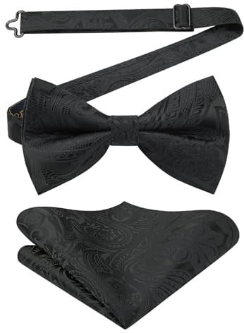 Enlision Schwarz Fliege Herren Paisley Einstellbar Fliege Mit Einstecktuch für Hochzeit Anzug Smoking
