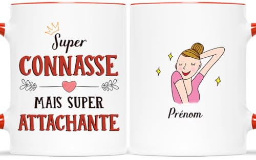 𝗖𝗔𝗗𝗘𝗔𝗨 𝗣𝗟𝗨𝗦 Mug Personnalisé Prénom - Super Connasse Mais Super Attachante - Tasse a cafe Humour, Mug Drole, Tasse Humoristique, Tasse Rigolote Femme, Mug Rigolo Femme (Rouge)