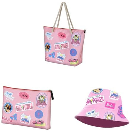 Barbie Malibu - Sac de Plage + Trousse de Toilette + Bonnet Bucket