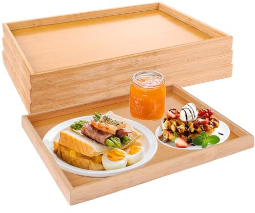 MIVIDE 4 bandejas de madera de bambú, bandeja para servir, grande, 37 x 26 x 2,5 cm, bandeja de madera, bandeja de madera, rectangular para desayuno, té, mesa de café, bebidas