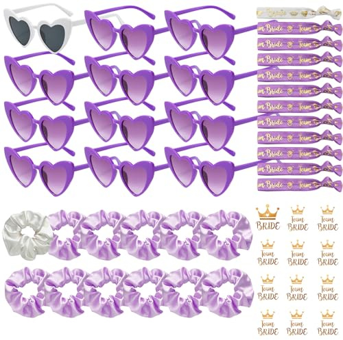 YeahBoom 48 Stück JGA Brille Team Braut,Bride to Be Herz Brille Set,12 Herz Sonnenbrille+12 Bride Haargummi+12 Bride Tattoo Aufkleber+12 Bride Armband,Jungesellinnenabschied Frau Accessoires,JGA Deko