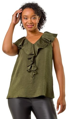 Roman Originals Women Frill Front Vest Top Ladies Ruffle Blouse Summer Spring Special Occasion Evening Holiday Cruise Cocktail Party Short Long Sleeve Sleeveless V-Neck - Plain Khaki - Size 12
