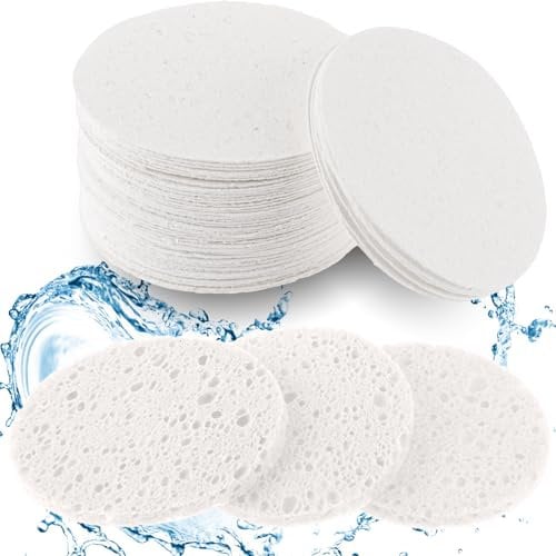 60Pcs Facial Sponges Compressed Face Sponges Cleansing 100% Natural Wood Pulp Cotton Face Exfoliator Pad Sponge Face Cleansing Pads for Daily Skin Care Deep Cleaning Makeup Removal (White)