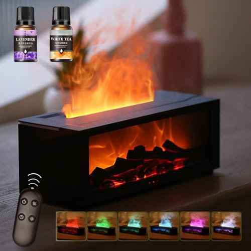 Starnearby LED Kamin Flammen Aroma Diffuser Mit 7 Farben Licht Und Timer - 150ml Luftbefeuchter Wasserdampf Flame Humidifier (Schwarz+2*Ätherisches Öl)